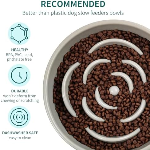 Grey Ceramic Dog Bowl Slow Feeder for Medium and Large Breed,1.5 Cup 8.26 in Slow Feeding Bowl,Puzzle Dog Food Bowl for Fast Eater,Maze Dish for Fast Eater