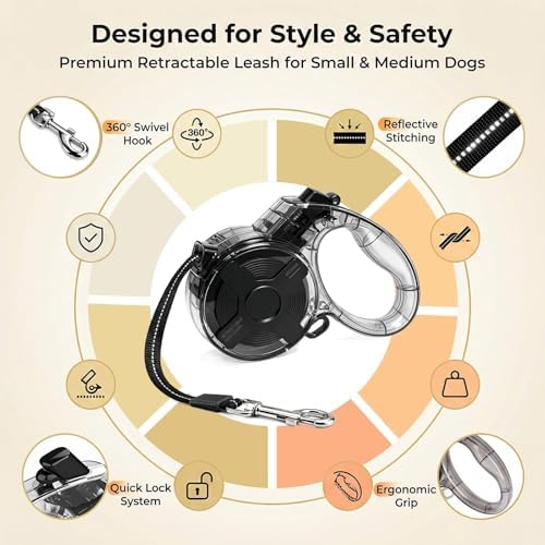 Retractable Dog Leash for Small Dogs, 13ft Reflective Retractable Leash with 360° Tangle-Free Design, Heavy Duty Nylon Tape Lead for Small to Medium Pets up to 50 lbs One-Handed Brake & Lock