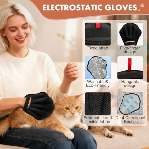 Pet Hair Removal Glove for Cat & Dog, Electrostatic Pet Hair Remover Tool for Furniture, Couch, Laundry, Carpet | Upgraded 5-Finger Washable, Quick Dog & Cat Fur Remover, Black+Black