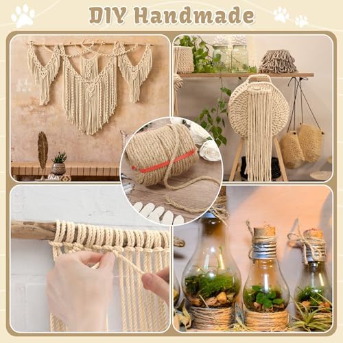 Natural Jute Cat Sisal Rope, Boho Colorful Cat Tree Rope, Multipurpose for Scratching Post Replacement, Lightweight for Indoor & Outdoor, Marine and DIY Projects(1/3in ×164ft,Original Color)