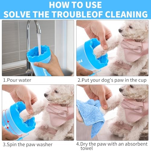 Professional 7 in 1 Dog Paw Cleaner for Dogs & Cats - Includes 1 Portable Paw Washer, 1 Bath Brush, 2 Dog Toothbrushes and 3 Absorbent Towels Note: Fits Paws up to 2 Inches Wide (Small, Blue)