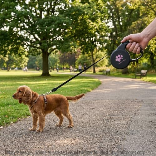 Retractable Dog Leash, 16ft Heavy Duty Nylon Tape for Medium Dogs up to 44 lbs, One-Hand Brake & Lock, Tangle-Free, Ergonomic 3" Large Handle, Lightweight Black M GC-DAN