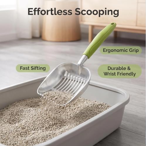 Heavy Duty Cat Litter Scoop with Holder - All Metal Cat Litter Scooper with Holder - Reduces Dust & Waste - Kitty Litter Sifting Shovel Comfy Handle - Stainless Steel Cats Litter Scooper