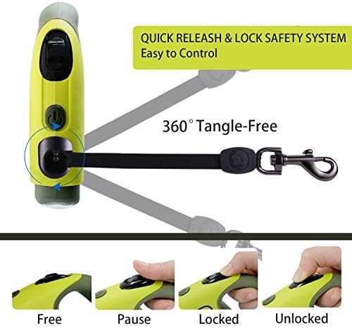 Retractable Dog Leash with LED Flashlight for Small Medium Big Breed Dogs, 10/16 ft Extendable Leash, Heavy Duty Nylon Cord Training Running (L (16 FT - up to 110lbs), Green)