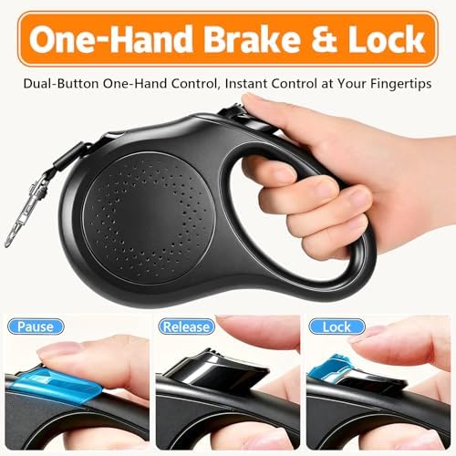 Retractable Dog Leash, 16 FT Strong Nylon Tape for Small and Medium Dogs up to 55 lbs, 360° Tangle-Free Design, One-Hand 3-Mode Brake & Lock, Ergonomic Non-Slip Handle, Black