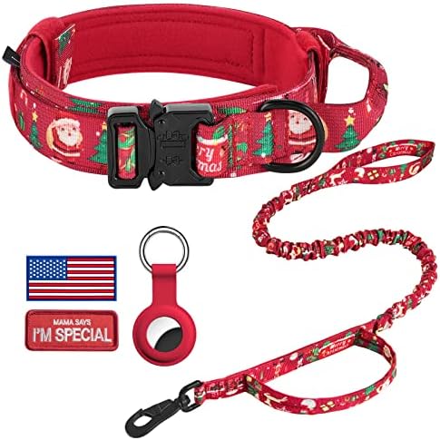 DAGANXI Tactical Dog Collar, Adjustable Military Training Nylon Dog Collar with Control Handle and Heavy Metal Buckle for Medium and Large Dogs, with Patches and Airtags Case (L, Christmas red-Set)