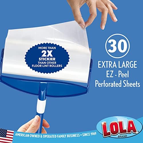 LOLA Rola PET Hair Remover Sticky Mop, Giant Floor Lint Roller, 9.5" x 3.5", Extender Handle, Largest Head, Traps Hair, Dust, Dirt, Extra Sticky Sheets