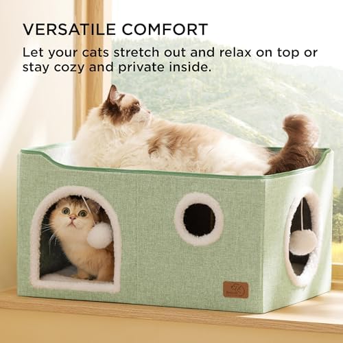 Bedsure Extra Wide Cat House Bed with Fluffy Ball and Scratch Pad,Green