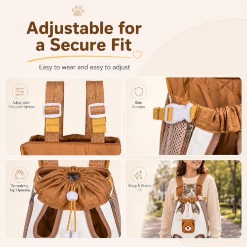 Cute Cat Carrier Backpack, Hands Free Pet Front Carrier Bag (Brown, Small)