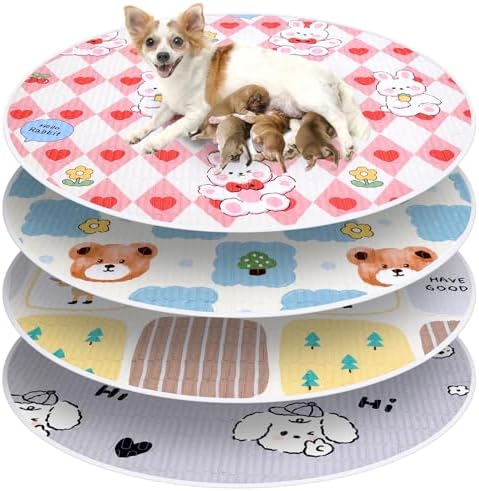 4 Pack Whelping Pads for Dogs, Round Whelping Pads Washable and Waterproof ,Reusable Pet Pee Pads Puppy Training Pad Whelping Floor Pad Whelping Supplies for Dogs (48’‘, Round,Multicolor)