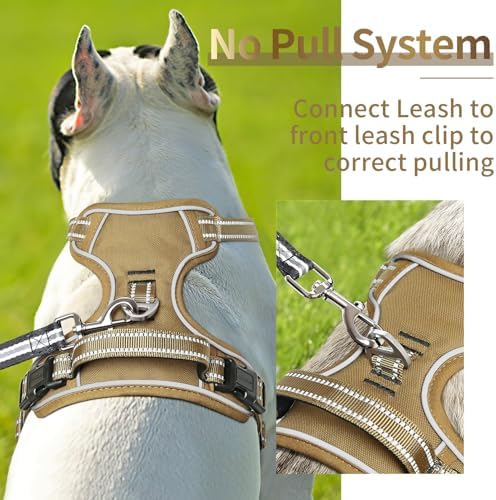 HEELE Dog Harness, Dog Harness for Small Medium Large Dogs No Pull Adjustable Padded Reflective Harness with Handle for Walking Training, Brown, L