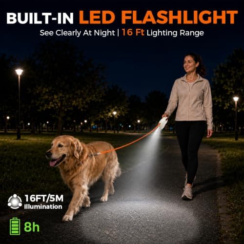 Sevy Glowie Retractable Dog Leash with LED Light, 16FT Retractable Dog Leash for Small Medium Large Dogs up to 66 lbs, 360° Tangle-Free Nylon Tape, One-Hand Brake, Pause & Lock,Anti-Slip Handle