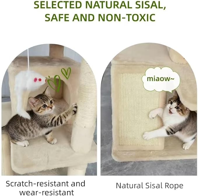 Aotaide 54in Cat Tree, Multi-Level Cat Tower,2 Cozy Caves, Scratching Posts, Climbing Ladder, Plush Balls, Durable Pet House Furniture for Indoor Kittens,Beige