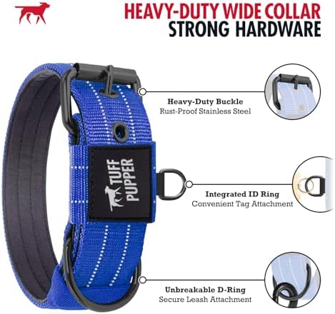 Tuff Pupper Heavy Duty Tactical Dog Collar | 1.5" Wide Ballistic Nylon | Reflective Stitching | Integrated ID Tag Holder | Stainless Steel Buckle | Padded Lining | Medium & Large Dogs (Blue, Large)
