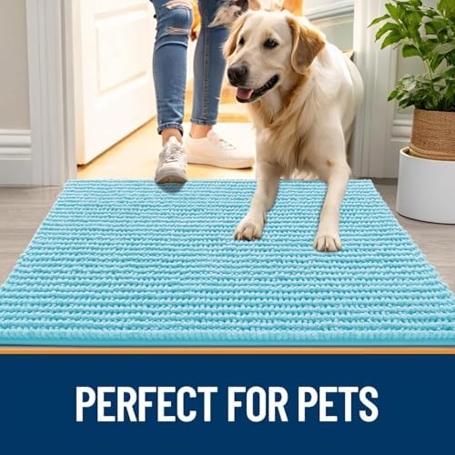 OLANLY Dog Door Mat for Muddy Paws 44x24, Ultra Absorbent Chenille Mud Doormat, Non-Slip Washable and Dirt Trapping Doormat for Indoor Entryway, Quick-Dry Indoor Pet Bed Mats for Dogs, Blue