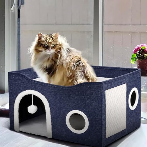 Heeyoo Cat House for Indoor Cats - Large Cat Bed Cave with Fluffy Ball and Scratch Pad, Foldable Cats Houses & Condos, Cat Hideaway, Covered Kitty Bed for Multi Small Large Kitty, 23.8x15.9x13.2 Inch