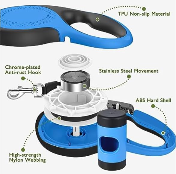 OUTnWILD Retractable Dog Leash - Retractable Dog Leash 16ft for Breeds Up to 66lbs. 360° Tangle Free Design with One Touch Quick-Lock Braking System&Anti-Slip Handle (Blue)