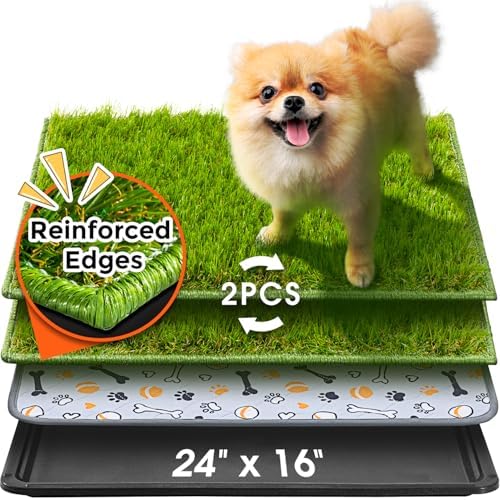 Hompet Dog Grass Pad with Tray Large, 24"x16", 2 Reusable Artificial Turf for Dogs Potty, Waterproof Non-Slip Washable Pee Pads, Quickly Absorbency Portable Dog Litter Box for Indoor/Outdoor Use