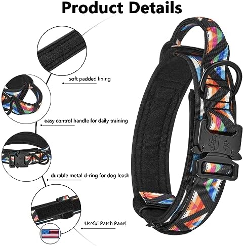 DAGANXI Tactical Dog Collar, Adjustable Military Training Nylon Dog Collar with Control Handle and Heavy Metal Buckle for Medium and Large Dogs, with Patches and Airtags Case (M, Colorful Triangle)