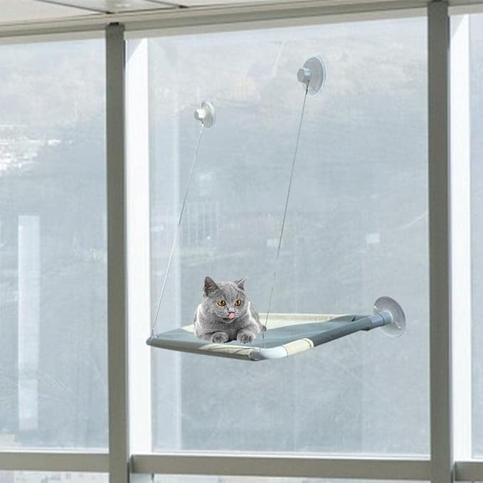 Cat Hammock Window Seat Mesh Shelf Indoor Cat Perch Rugged Hanging Bed Removable Quick Sturdy Suction Cups Suitable for Window Use, Khaki