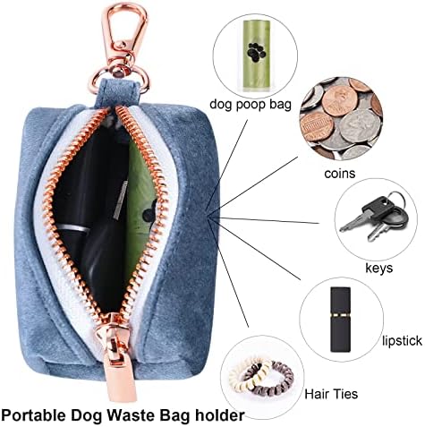 ARING PET Velvet Dog Waste Bag Dispenser, Cute Blue Doggy Poop Bags Holders Attach to Any Leashes, Portable Washable Pet Waste Pouch Dispenser with Metal Zipper