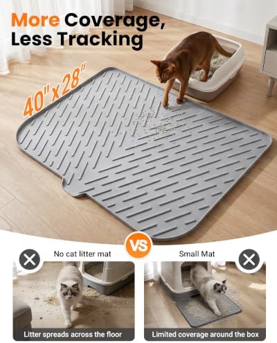 XL Silicone Cat Litter Mat, 40 x 28 Inch, Large Litter Box Mat, Gray