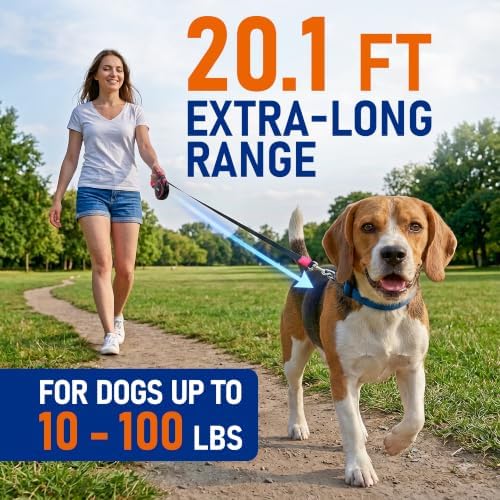 20.1 ft Retractable Dog Leash for Dogs 10–100 lbs - Heavy Duty Tape Leash with Strong Nylon Tape - 360° Swivel Control - One-Click Brake & Lock - Ergonomic Non-Slip Grip for Safe & Easy Daily Walks PK