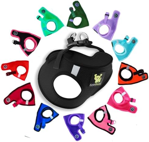 EcoBark Step in Dog Harness - Eco-Friendly Small Breed Harnesses for Small and Medium Dogs - Reflective and Adjustable Mini Body Halter Vest -Tiny Soft Mesh Toy Breed Harness (Black, Large)
