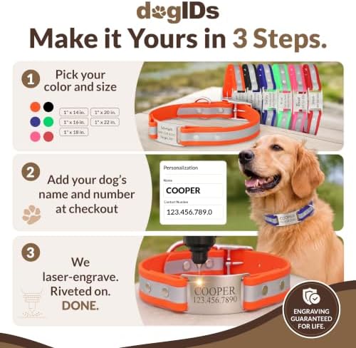 dogIDs Personalized Reflective Waterproof ScruffTag Dog Collar - Custom, Soft Grip, Safe Adjustable, Odor Resistant - Orange, 1 in x 16 in (Fits Neck Sizes: 14-18 in)