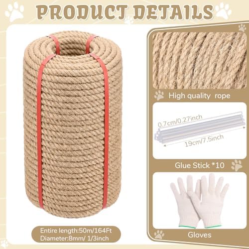 Natural Jute Cat Sisal Rope, Boho Colorful Cat Tree Rope, Multipurpose for Scratching Post Replacement, Lightweight for Indoor & Outdoor, Marine and DIY Projects(1/3in ×164ft,Original Color)