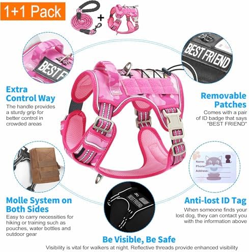 Beebiepet Heavy Duty Tactical Dog Harness for Small Dogs, No Pull Adjustable Pet Harness Reflective Service Training Easy Control Pet Vest Military K9 Working Dog Harnesses- Medium, Pink Camo