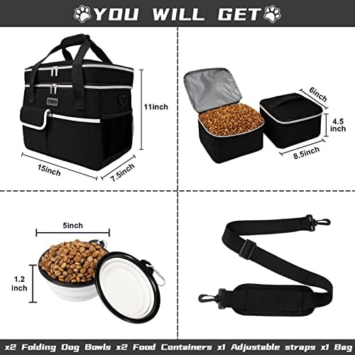 BAGLHER Dog Travel Bag for Supplies - Double-Layer Airline Approved Weekend Pet Travel Organizer Set for Dog and Cat Tote with 2 Pet Food Containers and 2 Collapsible Silicone Bowls Black