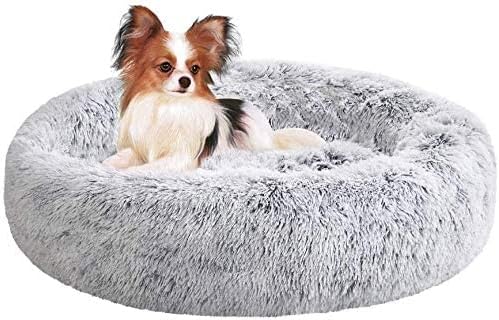 SAVFOX 45 inches Calming Donut Dog Bed - 3X Durable Plush Faux Fur, Machine Washable & Non-Slip, Fits up to 150 lbs, Light Grey