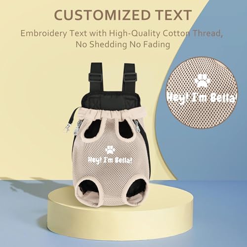 Personalized Dog Carrier Backpack with Name Embroidery, Adjustable Front-Facing Legs-Out Design, Custom Dog Carrier Bag with Breathable Tail Hole & Chest Support for Small/Medium Dogs (Beige, X-Large)