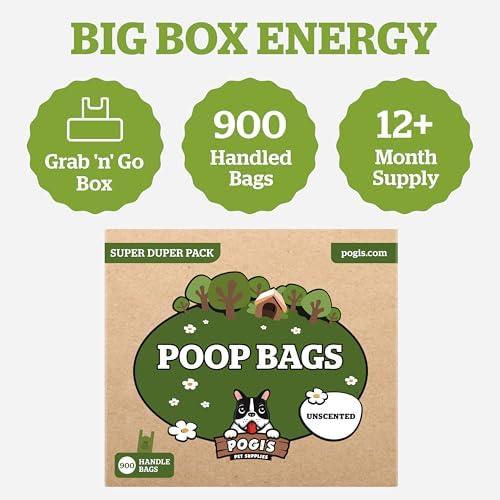 Pogi's Dog Poop Bags with Handles, Unscented, 900 Large Bags, Extra Thick