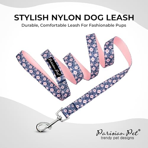 Parisian Pet Floral Dog Leash - Nylon Heavy Duty Training Leashes for Dogs with Comfortable Handle - Strong Metal Clip 4Ft Puppy Leash - Midnight Blossoms Chew Proof Leashes for Small and Medium Dogs