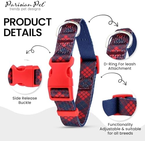 Parisian Pet Plaid Dog Collar - Adjustable Scottish Red Pet Collar with Secure Buckle and Metal D-Ring - Comfortable Designer Puppy Collars - Durable Nylon Checkered Dog Collars for Small Dogs
