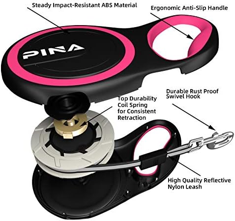 PINA Retractable Dog Leash, 10ft Dog Leash for Small Dogs Up to 33lbs, 360° Tangle-Free Strong Reflective Nylon Tape, with Anti-Slip Handle, One-Handed Brake, Lock - Black Pink