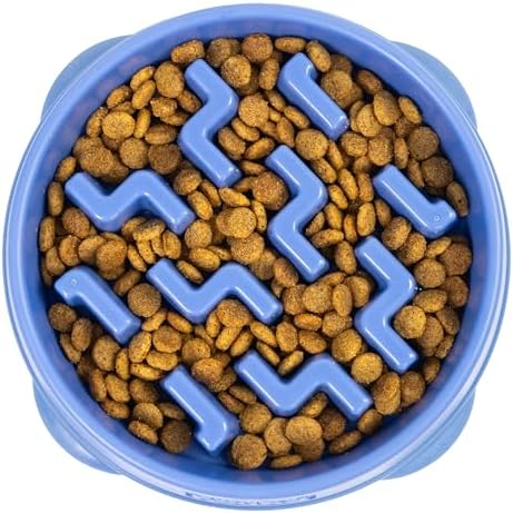 Outward Hound Fun Feeder Slo Bowl – 2‑Cup Capacity, Slow Feeding, Small to Medium Dogs & Cats, Non-Slip, Blue, Notch Pattern, Medium (Pack of 12)