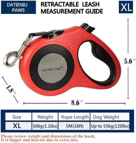 XL 16FT Retractable Dog Leash for Large Dog up to 120 lbs, Chew Proof Steel Wire Extender, One-Hand Brake & Lock, Tangle-Free Heavy Duty Walking Leash XL RED
