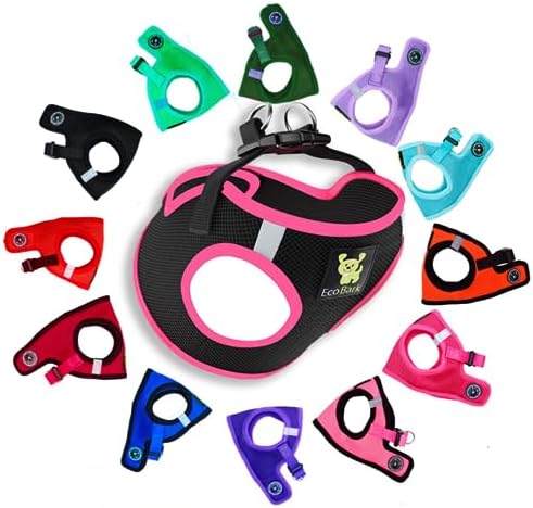 EcoBark Small Dog Harness - Luxury Soft Step in Dog Harnesses for Puppy & Small Dogs - Reflective Mini Body Halter Vest for Little Dogs (Black and Pink, Small)