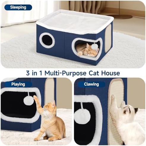 Shikha Extra Large Cat House Bed for Multi Cats with Scratch Pad Blue