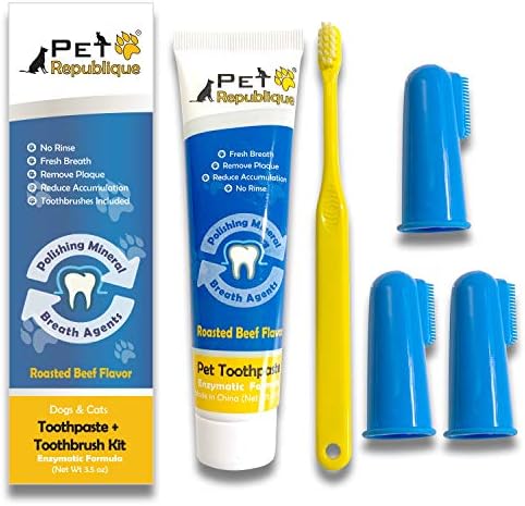 Pet Republique Enzymatic Dog Toothpaste Kit with Finger Toothbrushes Cats and Dogs Dental Cleaning Kit - 3.5 oz Beef Flavor Toothpaste, 3 Silicon Finger Toothbrushes, 1 Mini Handle Toothbrush
