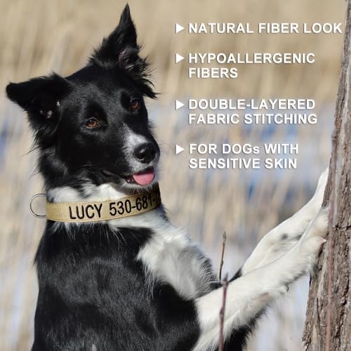 Personalized Cotton Hemp Dog Collar, Embroidered with Pet Name and Number