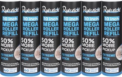 10 inch Ultra Sticky Mega Roller Refills for Evercare Layers Smart Design Large Lint Rollers 50% More Pickup Pet Hair Remover 60 Sheets Each Refill 6 Pack 360 Sheets Total