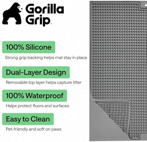 GORILLA GRIP Cat Litter Box Mat, Dual Layer Silicone Tray, 30x24, Gray
