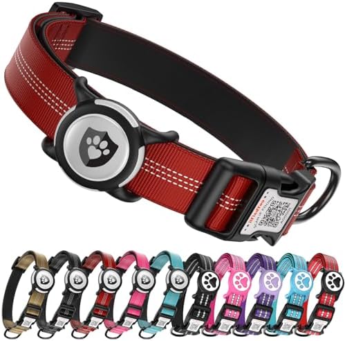 Waterproof AirTag Dog Collar with QR Code Dog Tag, Burgundy M