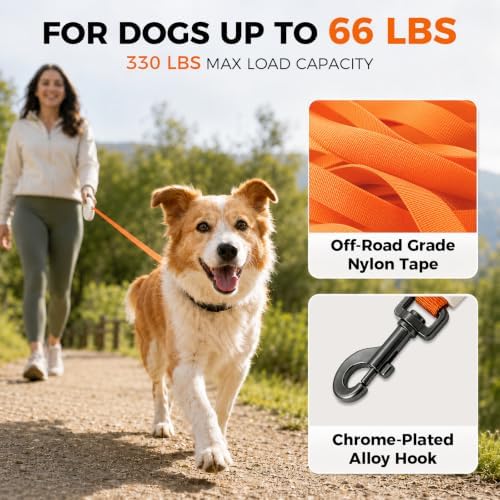 Sevy Glowie Retractable Dog Leash with LED Light, 16FT Retractable Dog Leash for Small Medium Large Dogs up to 66 lbs, 360° Tangle-Free Nylon Tape, One-Hand Brake, Pause & Lock,Anti-Slip Handle