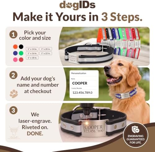 dogIDs Personalized Reflective Waterproof ScruffTag Dog Collar - Custom, Soft Grip, Safe Adjustable, Odor Resistant - Black, 1 in x 16 in (Fits Neck Sizes: 14-18 in)