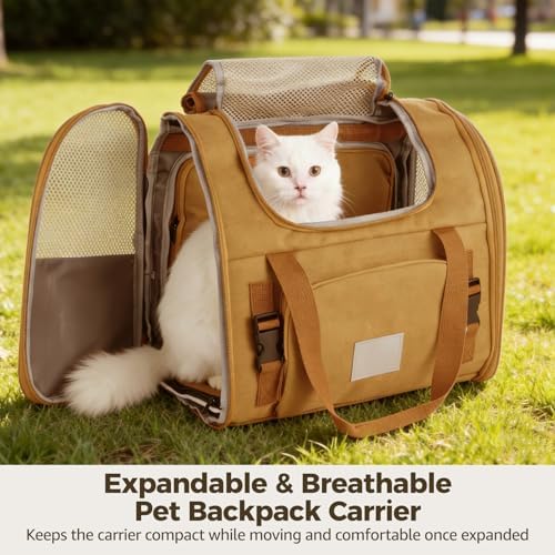Expandable Pet Backpack Carrier with Ventilated Mesh Top Sides, Folding Travel Backpack with Shoulder Straps Quick-Release Waist Strap Luggage Wrap for Cats Small Dogs Puppies